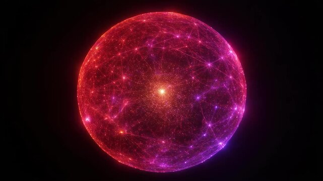 Glowing red and purple spherical network with interconnected nodes on black background