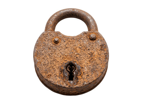 Rusty antique padlock with a weathered, corroded surface funny animal emoji isolated on transparent background