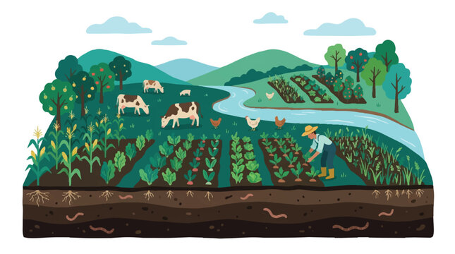 Regenerative agriculture organic farm with soil layers farmer and livestock illustration