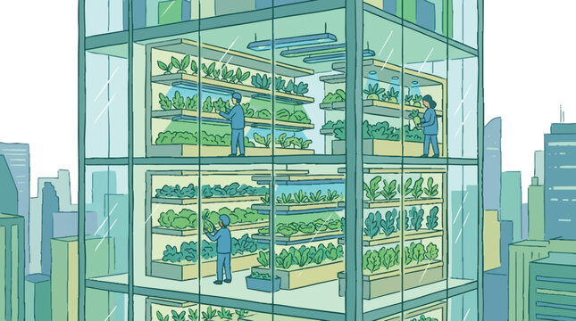 Modern vertical indoor farm skyscraper with agronomists growing organic hydroponic vegetables illustration