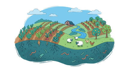 Naklejka premium Regenerative organic agriculture farm landscape with soil biodiversity and livestock illustration