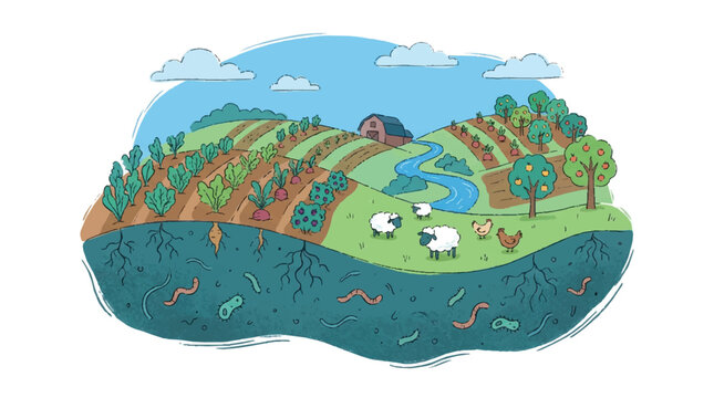 Regenerative organic agriculture farm landscape with soil biodiversity and livestock illustration