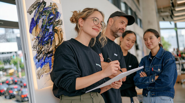 Typography design studio with a diverse five-person team gathered around a lit wall panel displaying layered letter forms for a citizen science data visualization project, urban traffic noise visibl