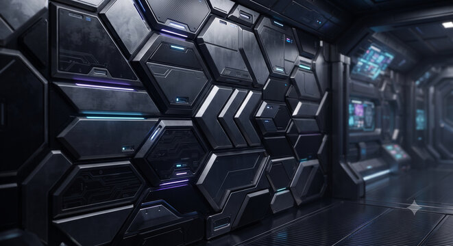 Cinematic dark mechanical corridor design and sci-fi metal texture creating an immersive futuristic atmosphere	몰입감 있는 미래지향적인 분위기를 조성하는 시네마틱 어두운 기계적 복도 디자인과 SF 메탈 텍스처