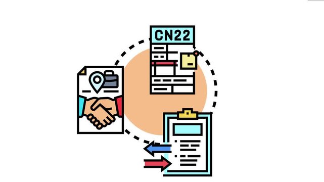Border customs agreement workflow depicting legal documents, a cn22 tax declaration form, and a handshake exchange, representing international trade compliance and regulatory procedures