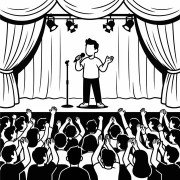 Stand up comedian performing on classic stage with curtains and spotlight in front of audience silhouette vector illustration

