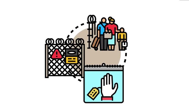 People with luggage approaching a border fence with warning signs and a raised hand icon representing refusal or stop. concepts of migration. Refuge. And international travel restrictions