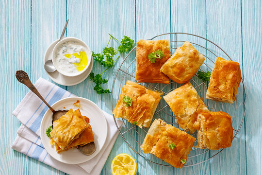 Savory ground meat filo pastry pie, top view