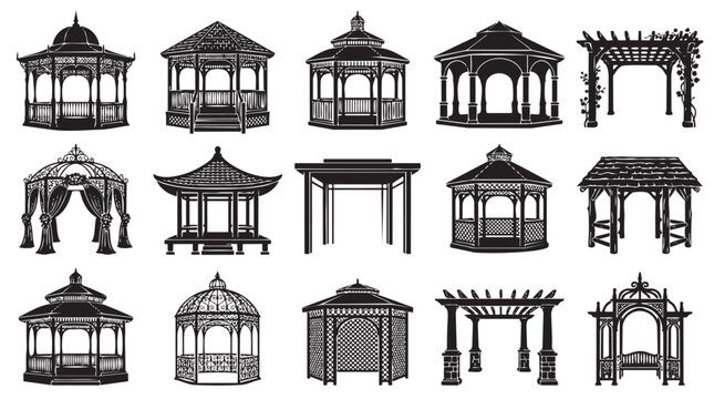 Set of black silhouette garden gazebo and pergola icons