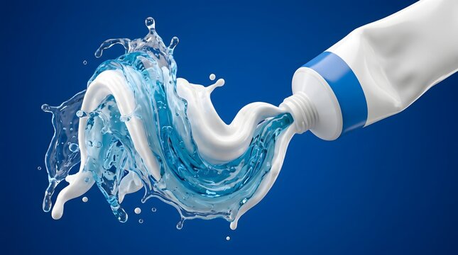 Toothpaste tube squeezing out refreshing blue gel and white paste.