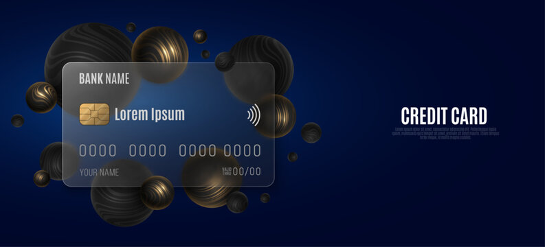 Abstract debit card concept featuring a transparent payment card surrounded by floating black and gold spheres on dark background. Financial technology and contactless payment concept. Vector.
