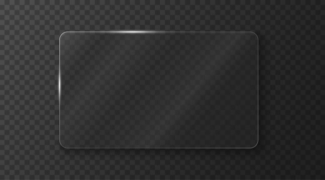 Elegant transparent dark glass frame with rounded corners and a subtle glowing edge isolated on a transparent background. Minimal interface element suitable for digital displays or banners. Vector.