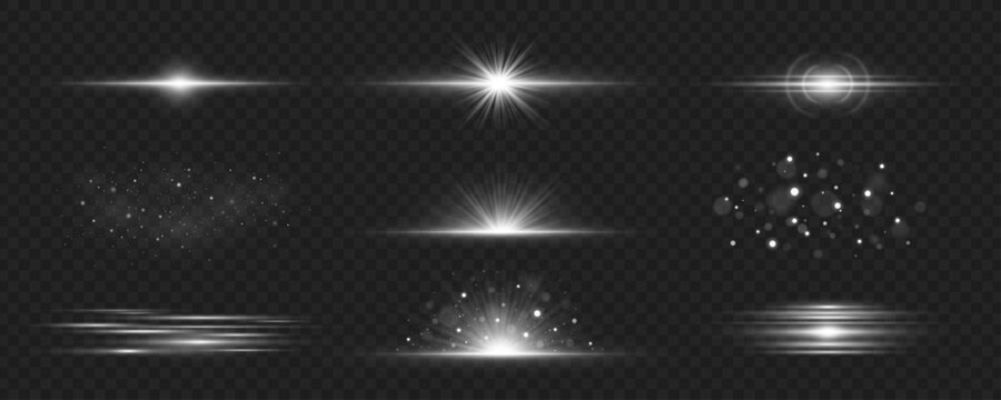 Set of white light effects on a dark transparent background. Abstract sparkling flash, glares bokeh, backlight with glowing particles and moving laser beams effect for modern design. Vector.