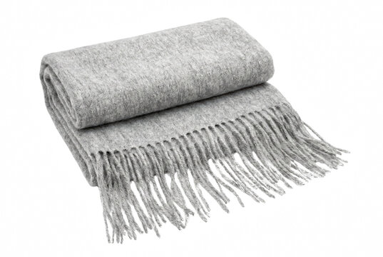 Elegant Folded Grey Wool Throw Blanket with Decorative Fringe