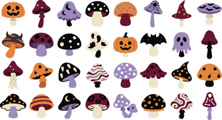 Fototapeta premium Halloween Mushroom Icons, Spooky Fungi Set, Halloween Symbols, Witch Cap Vector Collection for Badge, Logo, Patch, Tag, UI, App Design, Clothing, Print, 34 Creative Elements vector eps