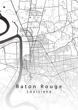 Baton Rouge Louisiana minimalist black and white city street map poster with Mississippi River, detailed downtown road network and typographic city label