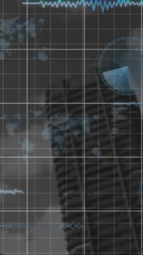 Animation of financial data processing over cityscape