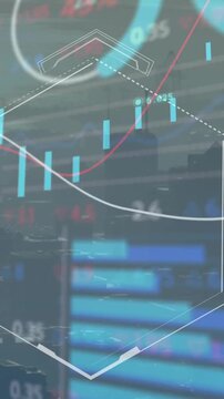 Animation of financial data processing over cityscape and dark background