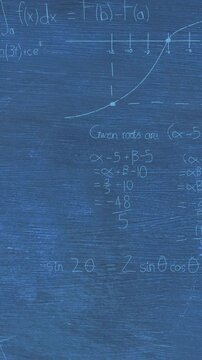 Animation of layers of mathematical formulae and equations over blue chalkboard
