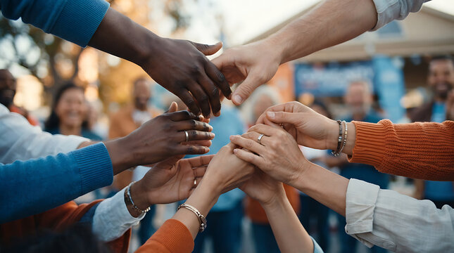Group of diverse people stacking their hands together in teamwork and unity
