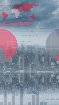 Animation of charts processing data over cloudy sky and cityscape