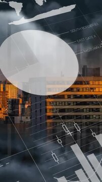 Animation of charts processing data over cloudy sky and sunset cityscape