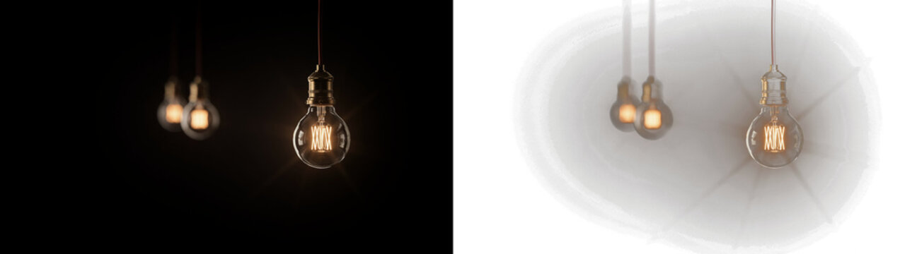 Three vintage edison light bulbs hanging in a row against a dark background isolated on transparent background