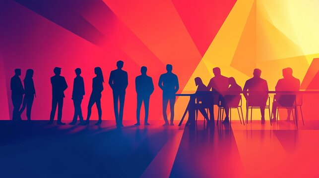 Diverse corporate team members stand in silhouette against a vibrant gradient background with sharp geometric lighting and bold colorful artistic effects
