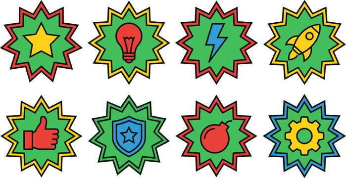 Retro comic burst stickers, set of 8 colorful pop art icons, vintage starburst badges for marketing and gamification