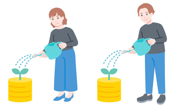 積まれたコインと緑の葉にじょうろで水をやる男女のイラスト素材：投資のイメージ