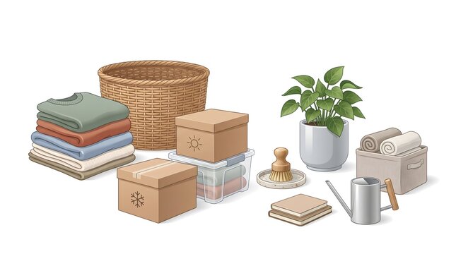 Vector illustration of various household items for home organization, seasonal clothing decluttering, storage boxes and laundry basket