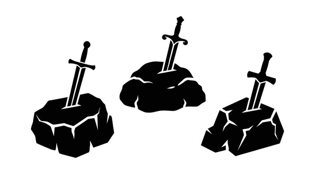 Three sharp steel swords embedded firmly inside dark heavy stone blocks for legendary fantasy warrior adventure