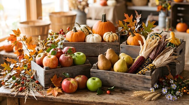 A rustic wooden table filled with an abundant autumn harvest, featuring wooden crates overflowing with colorful pumpkins, gourds, fresh red and green apples