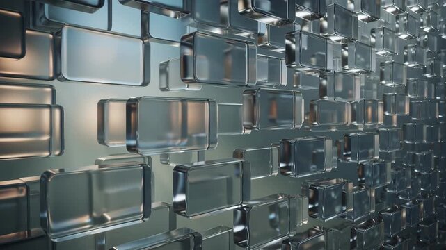 Glossy metallic rounded rectangles float in a dark futuristic space, creating an abstract technology and depth concept
