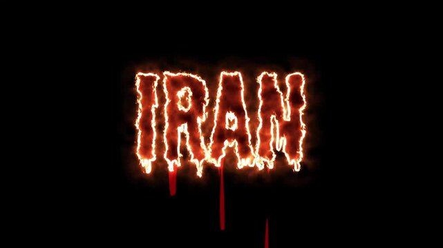 Fiery text spelling Iran with dripping blood on a black background