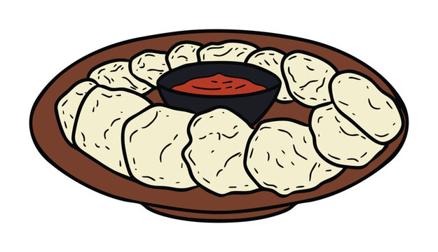 Illustration of Cireng Indonesian Fried Tapioca Snack with Chili Sauce
