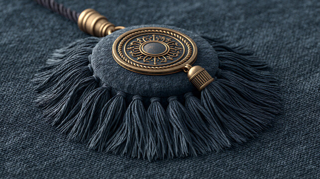Academic cap tassel with ornate metallic emblem rests on dark fabric