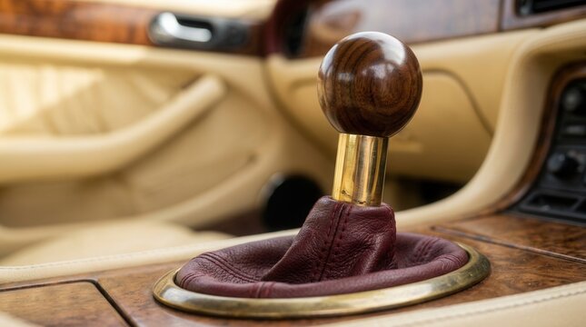 Manual car gear shifter with wooden knob in a luxury vehicle interior