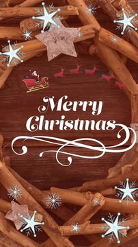 Animation of merry christmas text over stars and christmas decorations background