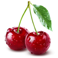 Fototapeta premium Two wet cherries connected by long stems with a green leaf and water drops isolated on transparent background.