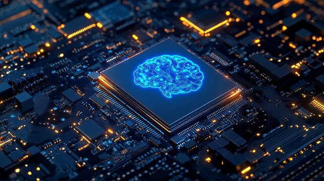 Glowing neon blue human brain icon integrated onto a dark computer processor chip featuring intricate gold circuits and hardware details