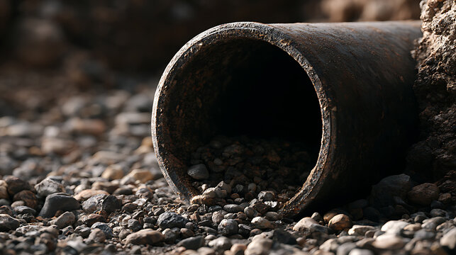 A rusted storm sewer pipe lies amidst gravel during installation