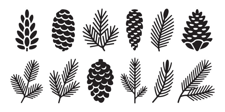 Collection of spruce branch icons and pine cone silhouettes for winter season botanical design themes.