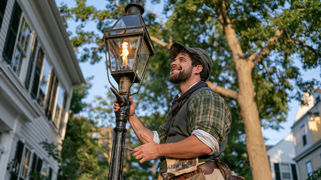 A lamplighter in historical costume restores a traditional iron street lamp at golden hour a worn photograph tucked in his belt pouch showing the same lamp unlit before restoration as warm flame fin
