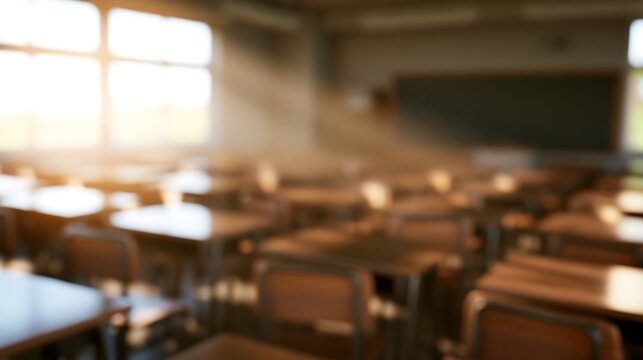Empty classroom softly blurred in warm morning sunlight, with rows of desks and a chalkboard creating a calm educational background with atmospheric depth
