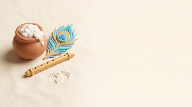 Krishna janmashtami celebration background with flute with janmashtami with pot decorative peacock