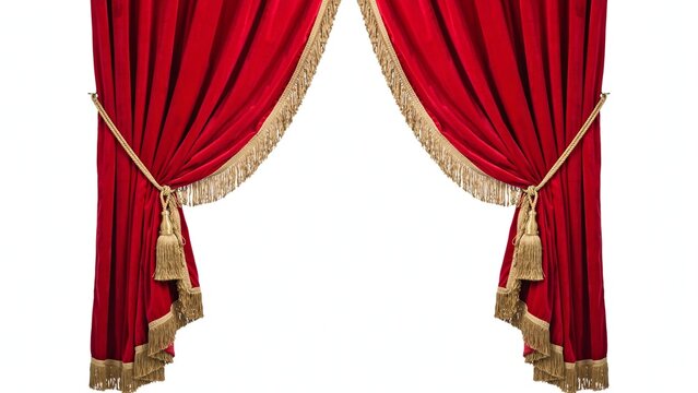 Red stage curtains with gold tassels fringe trim, theatrical performance opening symbol, dramatic presentation background, elegant fabric design illustration