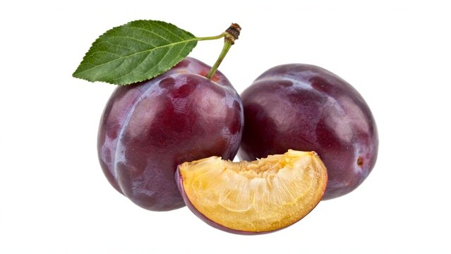 Fresh purple plums with green leaf attached, sliced wedge showing yellow flesh, vibrant fruit texture, natural food background illustration design
