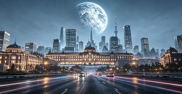 Post‑modern futuristic night skyline of La D&eacute;fense Paris CBD, subtle cyberpunk sci‑fi cityscape
