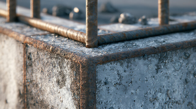 Reinforced concrete foundation detail with rebar close up photorealistic view